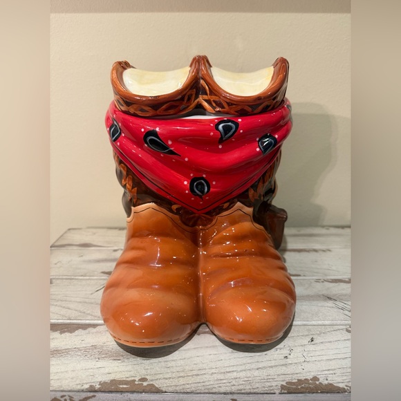 Cowboy Boots w/ Red Bandana Scarf And Horseshoe Ceramic Cookie Jar - Picture 2 of 11